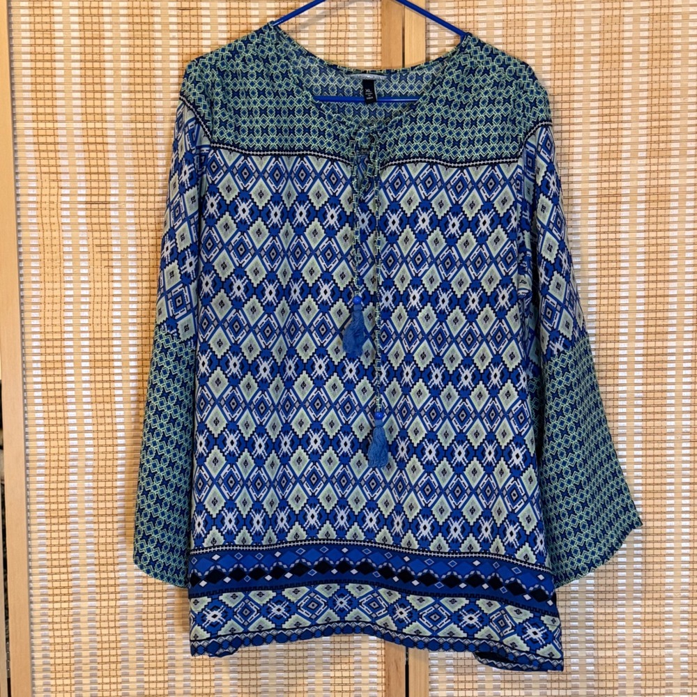Allison‎ Brittney Blue Green Geometric Diamond Tassel Peasant Top XL Womens